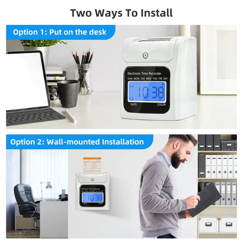 Solid Automatic Employee Time Clock Punch Machine Built For Busy Bosses, shown in desk and wall mounted options for easy use.