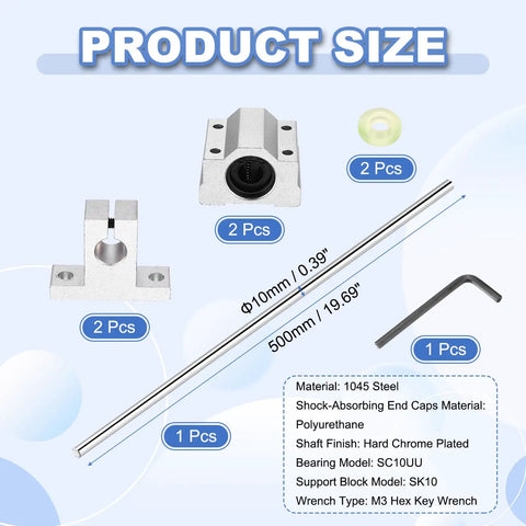 10mm By 500mm Linear Motion Rod Shaft Kit With SC10UU Ball Bearings And SK10 Shaft Supports Heavy Duty Yellow End Caps Hard Chrome Plated Rails For 3D Printers And CNC Machines Precision Guided Motion System, product size view
