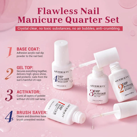 Dip Powder Nail Kit Starter With 20 Colors Including Clear Nude Pink Brown Glitter All Season Acrylic Dipping Powder And 4 Liquid Set Base Coat Top Coat Activator Plus Pro Grade Tools Brush Saver For French Nail Art DIY Salon Gift showing four liquid bottles including base, activator, and brush saver.