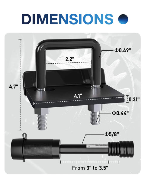Dimensions of Anti Rattle Hitch Tightener And 2 Inch Receiver Lock Set with specs for trucks, SUVs, trailers, RVs, and vans.