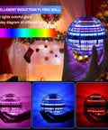 Hand holding 2025 Upgraded Flying Orb Ball Toy With Hover Boomerang Spin Mini Drone, lit with RGB lights for kids ages 6-12.