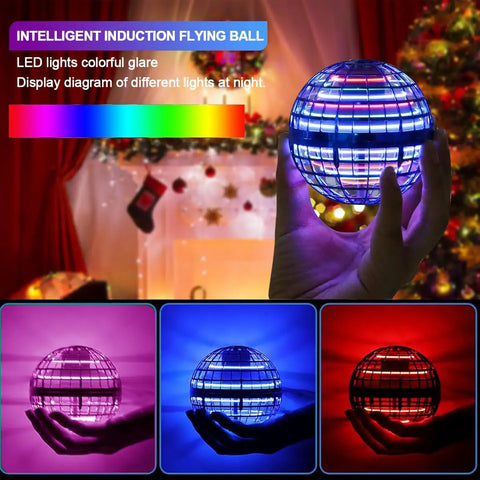 Hand holding 2025 Upgraded Flying Orb Ball Toy With Hover Boomerang Spin Mini Drone, lit with RGB lights for kids ages 6-12.