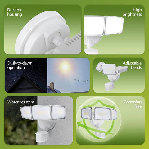 Lit 72W LED Security Flood Light With Motion Sensor, 7400 Lumen Aluminum Outdoor Light, 5000K Daylight, featuring adjustable heads and waterproof design