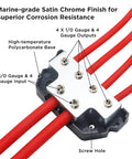 Beefy Six Way Power Distribution Block For Car Audio Grounding With Forged Brass Construction Marine Grade Satin Chrome Finish Two In And Four Out From Gauges 0 2 4 In And 0 2 4 Out High Temperature Polycarbonate Base For Maximum Power Transfer mounted with red cables