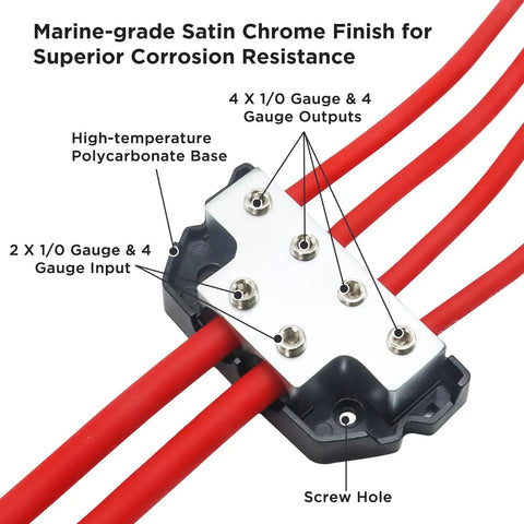 Beefy Six Way Power Distribution Block For Car Audio Grounding With Forged Brass Construction Marine Grade Satin Chrome Finish Two In And Four Out From Gauges 0 2 4 In And 0 2 4 Out High Temperature Polycarbonate Base For Maximum Power Transfer mounted with red cables