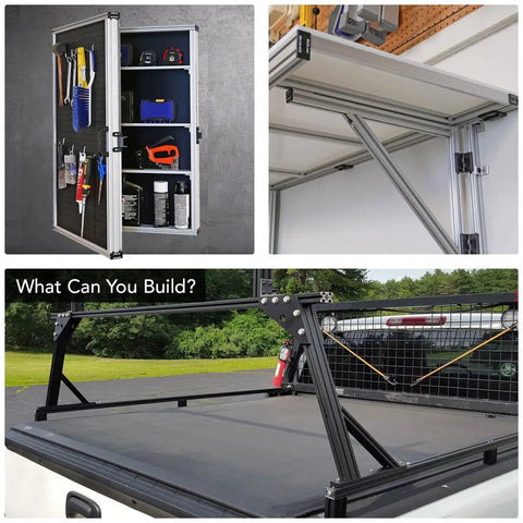 1x2 Beefy T Slotted Aluminum Extrusion For DIY Projects, 10 Series, Smooth Black Anodized Finish, 48 Inch Length, High Strength 6063 T6 Aluminum Linear Rail Bar used in a truck bed rack