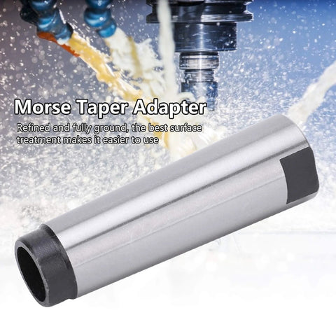 Side view of MT3 to MT2 Morse taper drill sleeve adapter, high-speed steel, silver with black ends