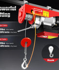 440 Pound Electric Chain Hoist 40 Foot Lift Height 110V showing dual cable lifting 440 lbs with hook detail and powerful motor.