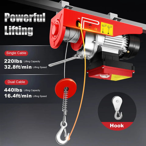 440 Lb Electric Hoist Winch With Remote Control, Compact Mini Overhead Lifter with galvanized steel wire rope and hook detail.