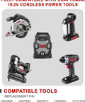 Beefed-Up 3.6Ah Ni-MH Replacement Battery for 19.2V Cordless Tools With Extended 3600mAh Capacity shown with compatible tools