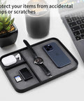 Slick Two Tone PU Leather Catchall Tray Hella Organized Entryway And Living Room Table Organizer For Keys Wallet Watch Jewelry Coins Black Frame Daily Essential with watch and phone.