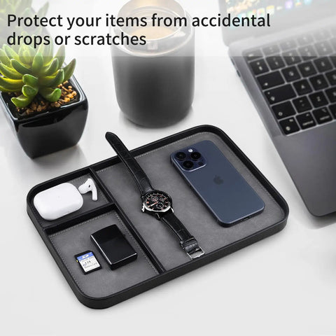 Slick Two Tone PU Leather Catchall Tray Hella Organized Entryway And Living Room Table Organizer For Keys Wallet Watch Jewelry Coins Black Frame Daily Essential with watch and phone.