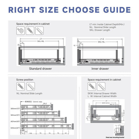 Smoove 21 Inch Undermount Drawer Slides Soft Close Heavy Duty Silent Glide For Kitchen Cabinet Reno size guide with dimensions.