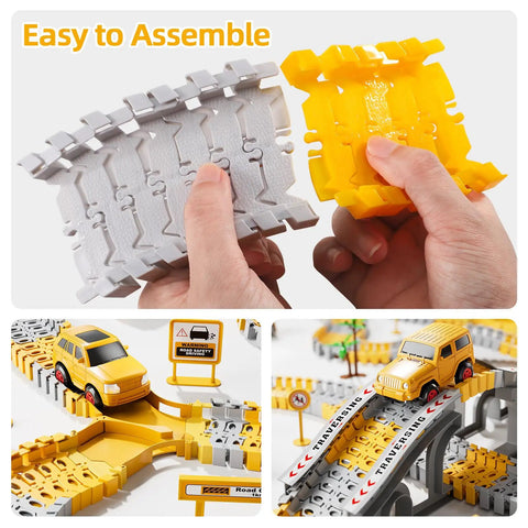 Hands assembling Construction Race Track Toy Set For Toddlers And Boys 2 To 6 With 200 Flexible Tracks showing cars on the track.