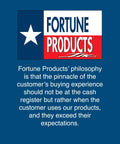 Fortune Products logo and philosophy highlighting customer satisfaction focus on a blue background.