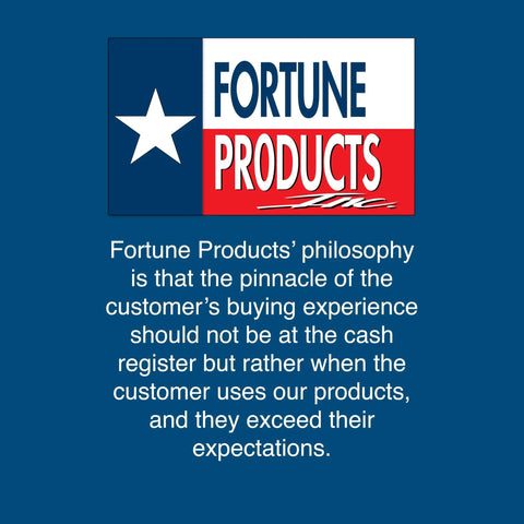 Fortune Products logo with philosophy on customer experience, showcasing brand commitment to quality satisfaction.