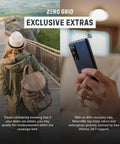 Woman on wooden path with backpack, person holding phone with RFID signal, Zero Grid exclusive extras banner.