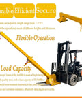 Built Like A Tank 6600 Lb Forklift Telescopic Jib Boom With Zero To Seventy Five Degree Adjustable Tilt, Seven To Twelve Foot Mobile Crane Lifting Hoist Kit, Durable Steel Rig With Locking Hook, Solid Job Site Powerhouse, yellow steel boom with adjustable hooks.