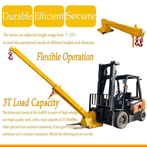 Built Like A Tank 6600 Lb Forklift Telescopic Jib Boom With Zero To Seventy Five Degree Adjustable Tilt, Seven To Twelve Foot Mobile Crane Lifting Hoist Kit, Durable Steel Rig With Locking Hook, Solid Job Site Powerhouse, yellow steel boom with adjustable hooks.