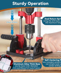 Image of Portable Multi Angle Drill Guide for Precise Angled Holes with dual return springs and self-centering pins on wooden base.