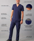 Mens Professional Medical Nursing Scrub Set Featuring Classic V Neck Top And Cargo Pants Crafted From Navy Blue No Drag Stretch Fabric Built Straight Up To Keep You Cool While Rocking Every Shift, model wearing the set showing pockets and stretch features.