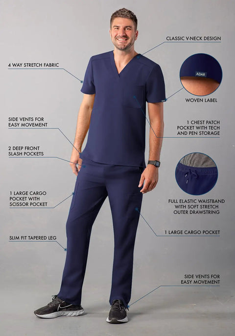 Mens Professional Medical Nursing Scrub Set Featuring Classic V Neck Top And Cargo Pants Crafted From Navy Blue No Drag Stretch Fabric Built Straight Up To Keep You Cool While Rocking Every Shift, model wearing the set showing pockets and stretch features.