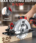 Six Inch Cordless Mini Circular Saw With Brushless Motor And 5900 RPM Blade Compatible With Milwaukee M18 Battery, showing max cutting depth and adjustments.