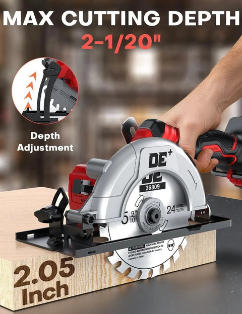 Six Inch Cordless Mini Circular Saw With Brushless Motor And 5900 RPM Blade Compatible With Milwaukee M18 Battery, showing max cutting depth and adjustments.