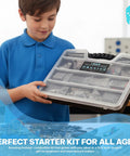 Boy holding All-In-One Arduino Starter Kit For Robotics And IoT, five-board power pack in organizer toolbox