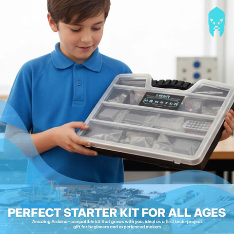 Boy holding All-In-One Arduino Starter Kit For Robotics And IoT, five-board power pack in organizer toolbox
