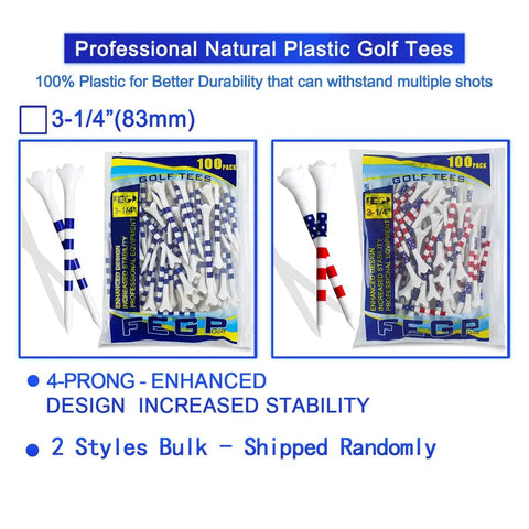 3 1/4 Inch Golf Tees 100 Pack, 4 Prong Plastic Tees For Reduced Friction And Side Spin, in packaging with blue red color mix