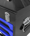 Rock Solid 20 Inch Portable Metal Toolbox With Triple Drawer Layout And Quick Access Top Tray from above showing lock and handle.