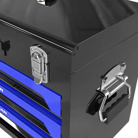 Rock Solid 20 Inch Portable Metal Toolbox With Triple Drawer Layout And Quick Access Top Tray from above showing lock and handle.
