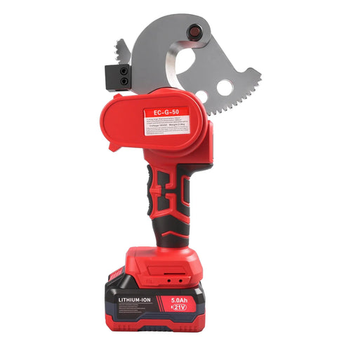 Crafthydro 21V Cordless Battery Electric Ratcheting Cable Cutter Heavy Duty Tool side view with blade for cutting copper cables.