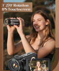 Woman holding 4K Video Camcorder For YouTube Vlogging With 64MP Photos, 18x Digital Zoom, 3 Inch IPS Touchscreen, fully rotated display.