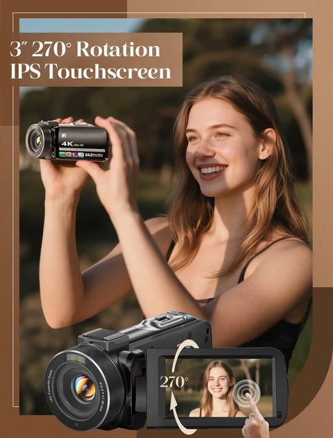 Woman holding 4K Video Camcorder For YouTube Vlogging With 64MP Photos, 18x Digital Zoom, 3 Inch IPS Touchscreen, fully rotated display.