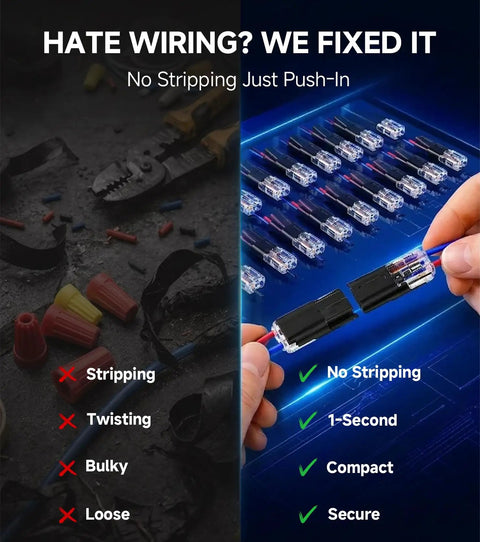 50 Pack Quick Wire Connectors Kit No Solder Push In Double Wire Plug In Connector With Locking Buckle For LED DIY And Low Voltage Circuits 22 18 AWG 2 Pin Flame Retardant visualization of hands using connectors