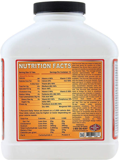 Back view of 60 Day Emergency Food Supply With Gluten Free Non GMO Survival Tabs, Chocolate Flavor, showing nutritional facts label.