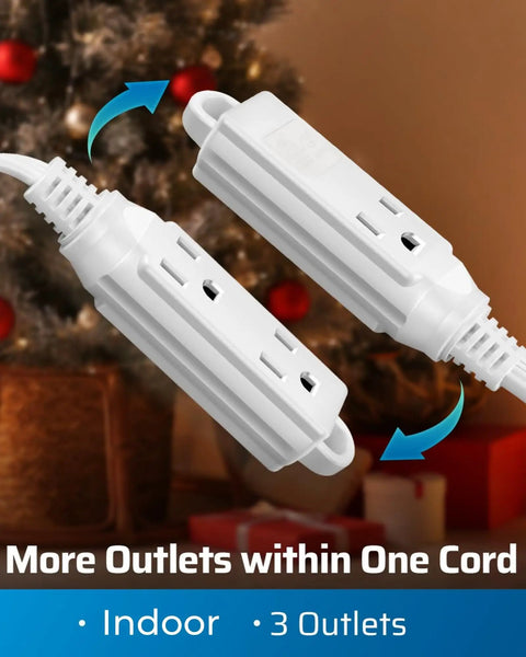 Three Outlet Extension Cord With Flat Plug For Indoor Use Three Foot Length Sixteen Gauge Three Conductor Grounded Power Cable SPT Three Cord White ETL Listed Two Pack No Fuss Setup