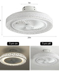 Bladeless 20 Inch Flush Mount Ceiling Fan With Remote Control, 72W, showing different lighting modes and dimensions