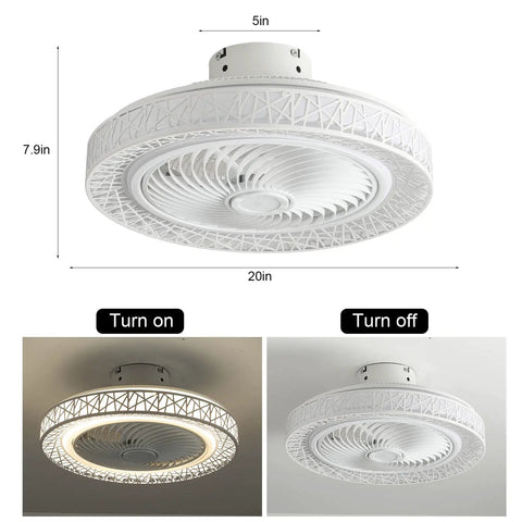 Bladeless 20 Inch Flush Mount Ceiling Fan With Remote Control, 72W, showing different lighting modes and dimensions