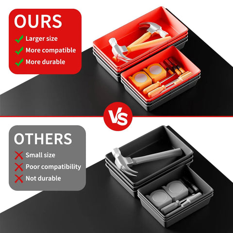 Comparison of 69 Piece Tool Organizer Set With 5 Sizes For Drawer Desk Tray Rolling Chest And Toolbox Storage In Black And Red Durable Plastic Bins with competitor.