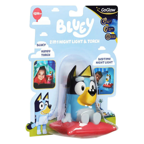 Bluey Nightlight For Kids 2 In 1 Toddler Lamp And Flashlight With Auto Off Timer shown in packaging