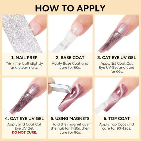 Step-by-step guide for using Cat Eye Gel Nail Polish Kit 12 Color Soak Off LED UV Gel Nails High Gloss Long Lasting Non Toxic Vegan Hema Free Cruelty Free Soak Off Gel Set For At Home Manicure Quick Cures In 1 To 2 Minutes; file nail, apply base coat, UV gel, magnets, top coat
