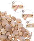 120 Pieces Wood Plugs for Screw Holes in Furniture Cabinets and Tables Four Sizes 3/16, 5/16, 3/8, 1/2 inch hardwood plugs shown