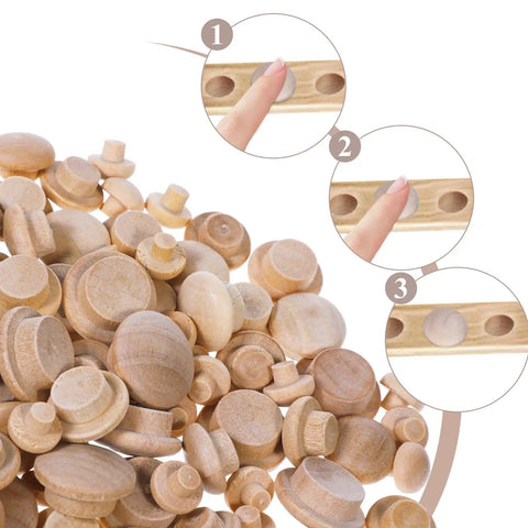 120 Pieces Wood Plugs for Screw Holes in Furniture Cabinets and Tables Four Sizes 3/16, 5/16, 3/8, 1/2 inch hardwood plugs shown
