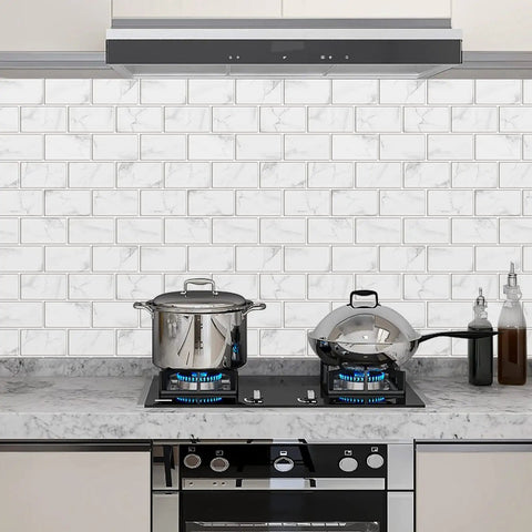 Kitchen with Peel And Stick Backsplash Tiles 12x12 White Marble Design, showcasing self adhesive subway tiles above a stove.