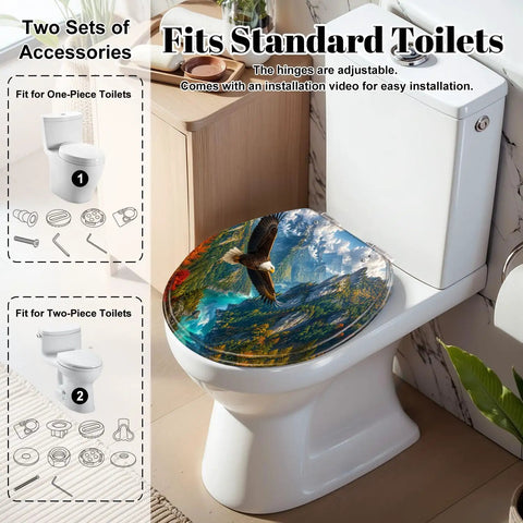 Round Majestic Bald Eagle Soaring Scenic Mountain Valley Toilet Seat on standard toilet with adjustable hinges.