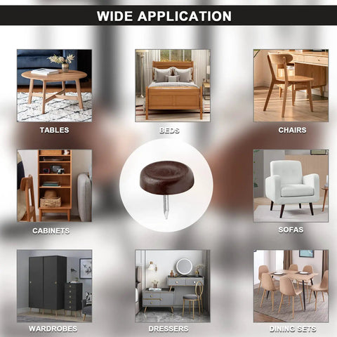 9-image collage showing wide application of 60 Pcs Nylon Furniture Sliders Set For Table And Chair Legs Nail On Round Floor Protectors.