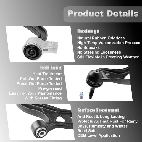 Product details for Front Lower Control Arms With Greasable Ball Joints For Ford Explorer 2011-2019 And Police Interceptor Utility 2013-2019 Driver And Passenger Side Kit Replaces K622215 K622216, highlighting bushings, ball joints, and surface treatment features